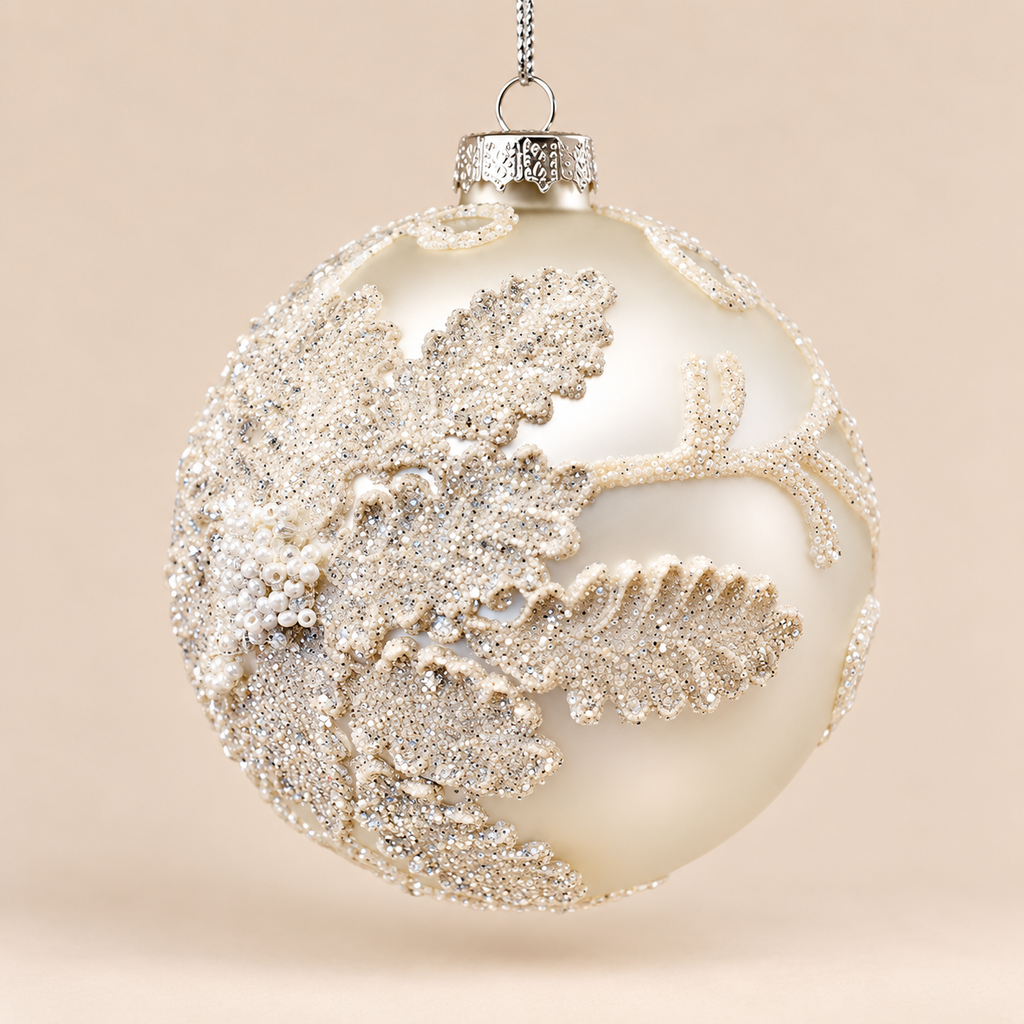 Sfera di Natale in Vetro Bianco con Decoro Foglie Glitter Ø 10 cm