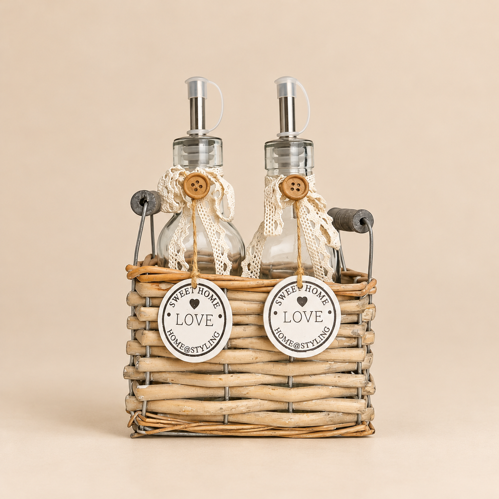 Set Olio e Aceto con 2 Bottiglie in Vetro e Cestino in Rattan Naturale – Stile Country Chic con Pizzo e Cuori Decorativi