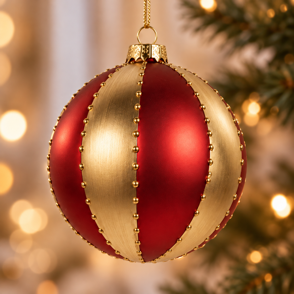 Sfera di Natale in Vetro Oro e Rosso con Decorazioni in Rilievo Ø10 cm