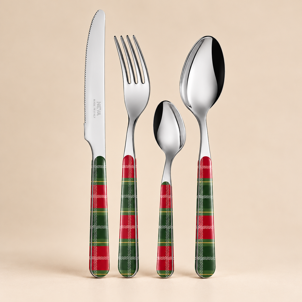Servizio Posate 24 Pezzi Bistrot Tartan Rosso e Verde – Acciaio Inox con Manico Decorato Effetto Opaco