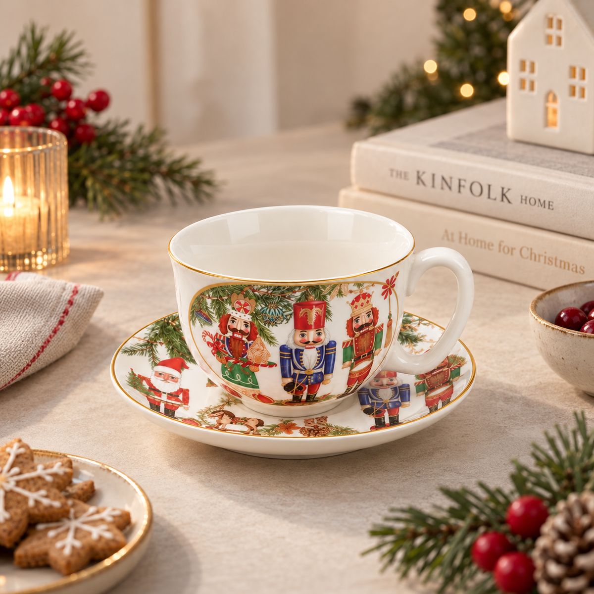 Tazza da Tè Natalizia EDG  Decoro Schiaccianoci e Babbo Natale Ø 15 x H 7 cm