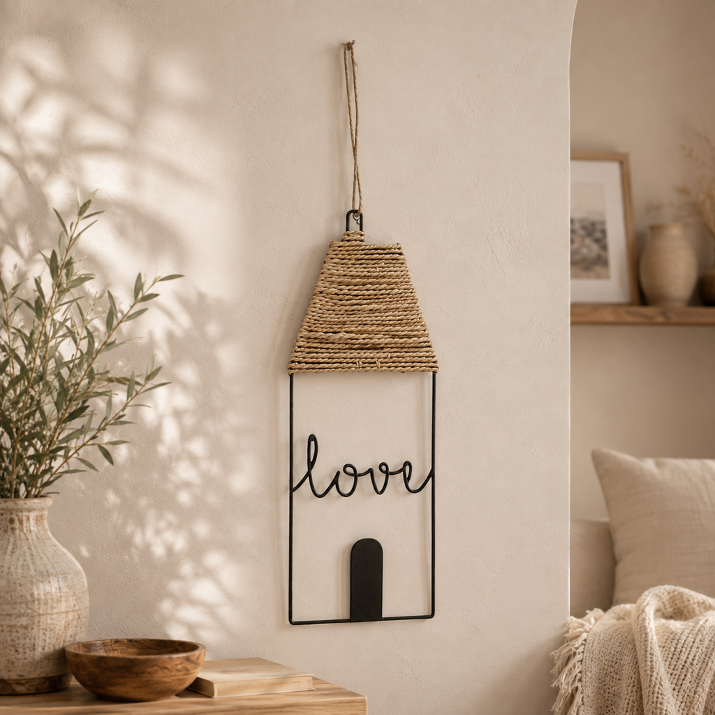 Decoro da appendere “Love” in metallo e corda
