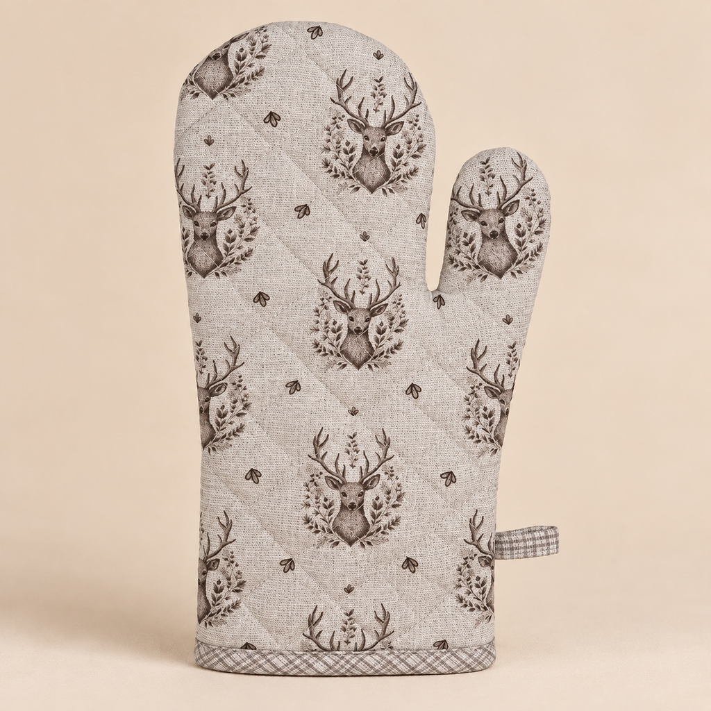 Guanto da Forno Natalizio Winter Woodland Double Face con Cervo Beige 18 x 30 cm in Cotone