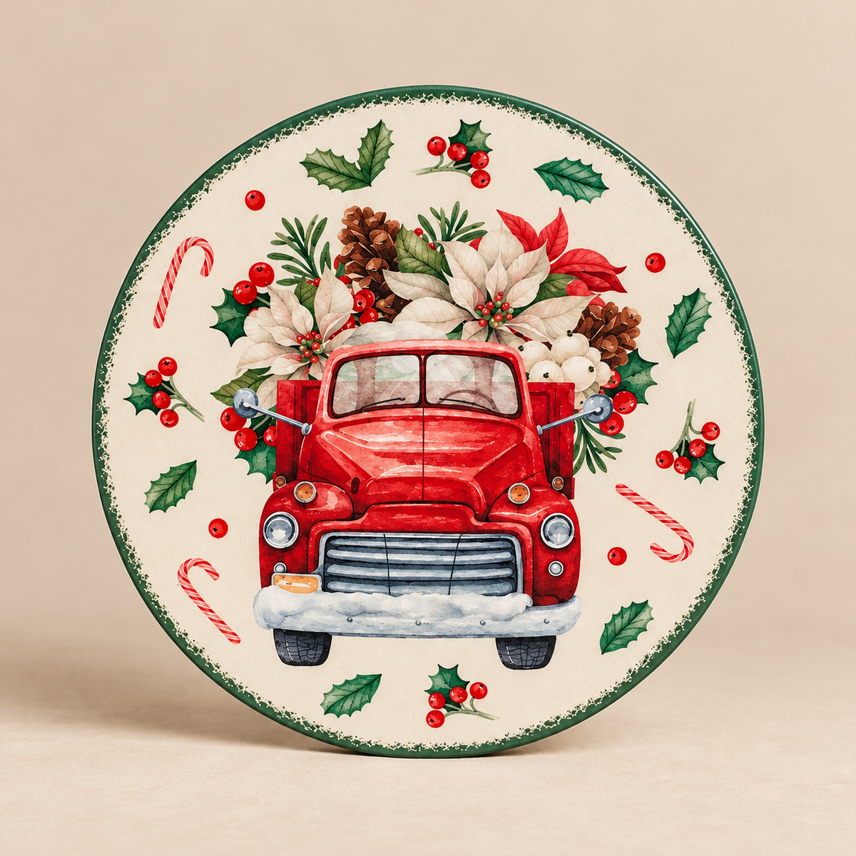 Sottopentola Natalizio Rotondo in Ceramica e Sughero con Camioncino Rosso Ø 20 cm