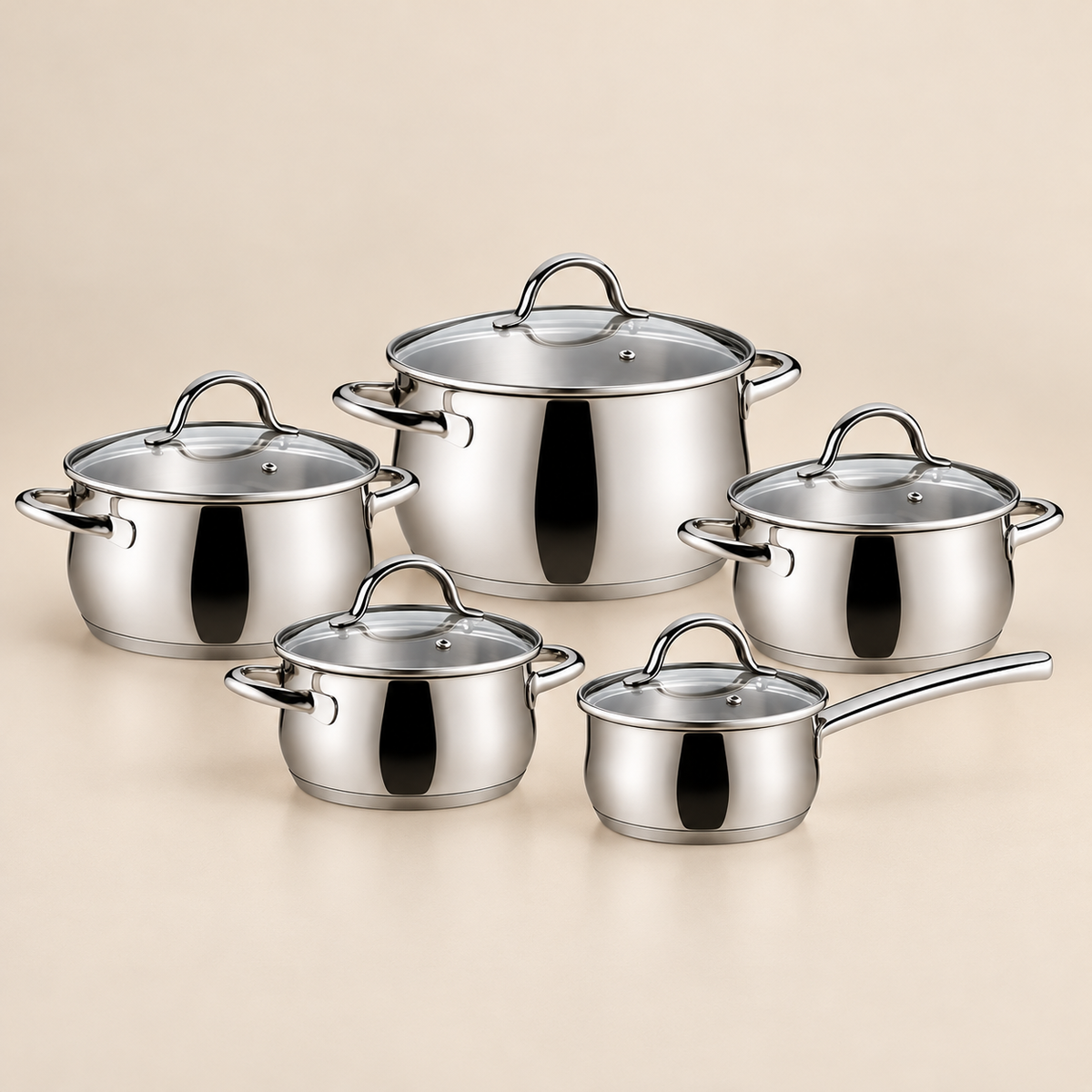 Set Pentole 10 Pezzi in Acciaio Inossidabile con Coperchi in Vetro – Fondo Sandwich Extra Spesso – Adatto a Induzione, Gas, Elettrico e Vetroceramica
