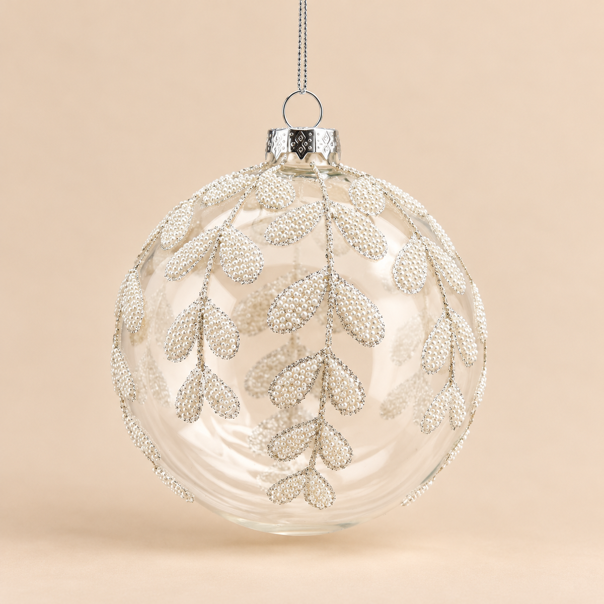 Sfera di Natale n Vetro Trasparente e Bianco con Rami e Foglie Glitterate Effetto Ghiaccio – Ø 10 cm