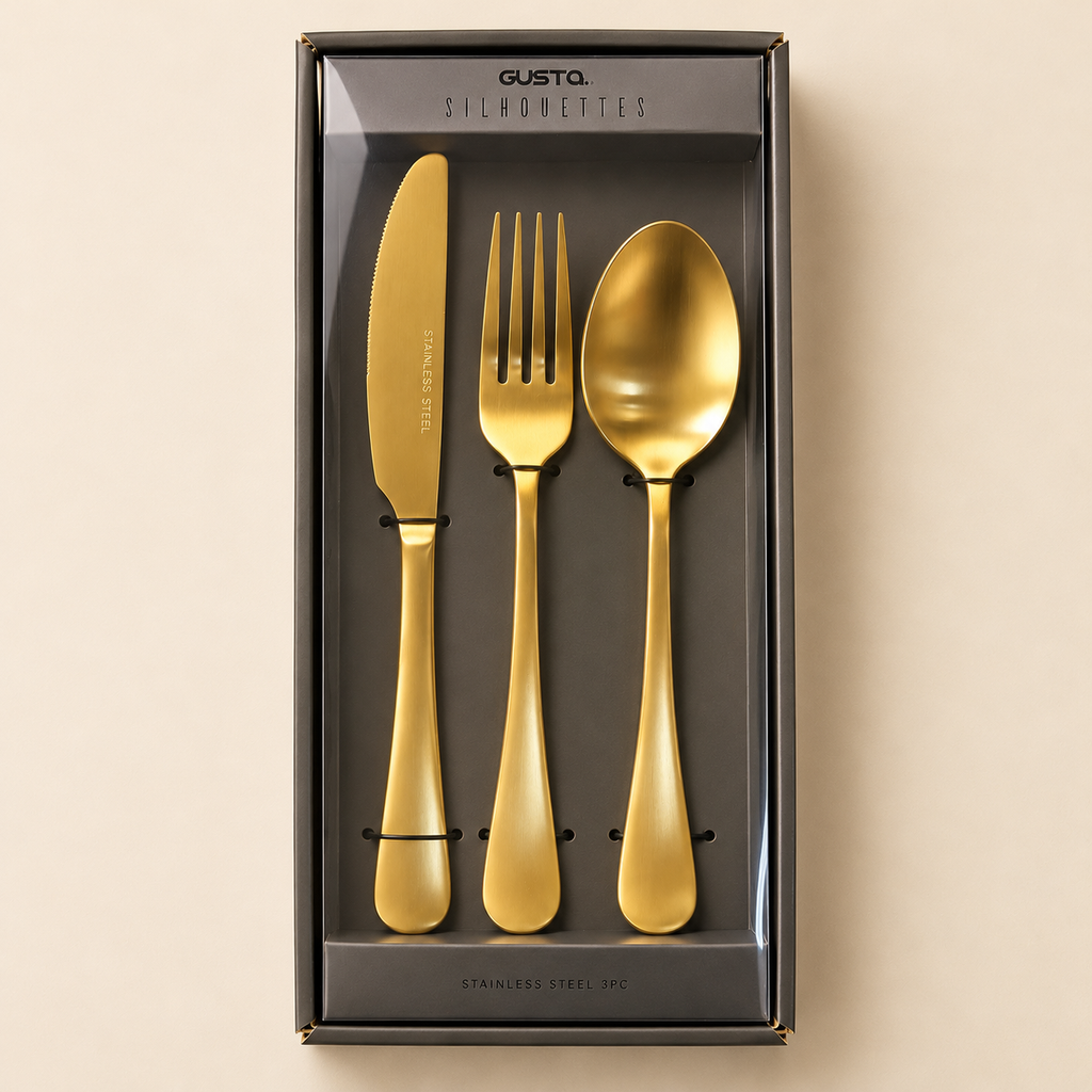 Set 3 Posate GUSTA Silhouettes Oro Satinato in Acciaio Inox – Coltello 22 cm, Forchetta e Cucchiaio con Confezione Regalo