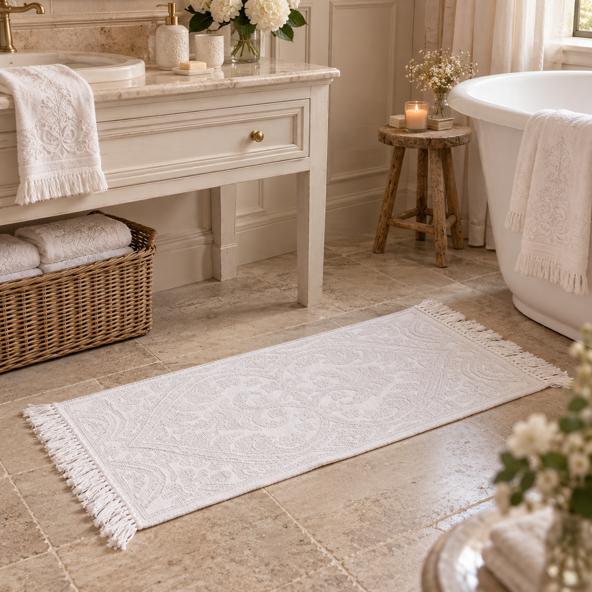 Tappeto Bagno Jacquard Bianco in Cotone con Motivi Ornamentali e Frange 50 x 110 cm – Blanc Mariclò Bagno in Villa