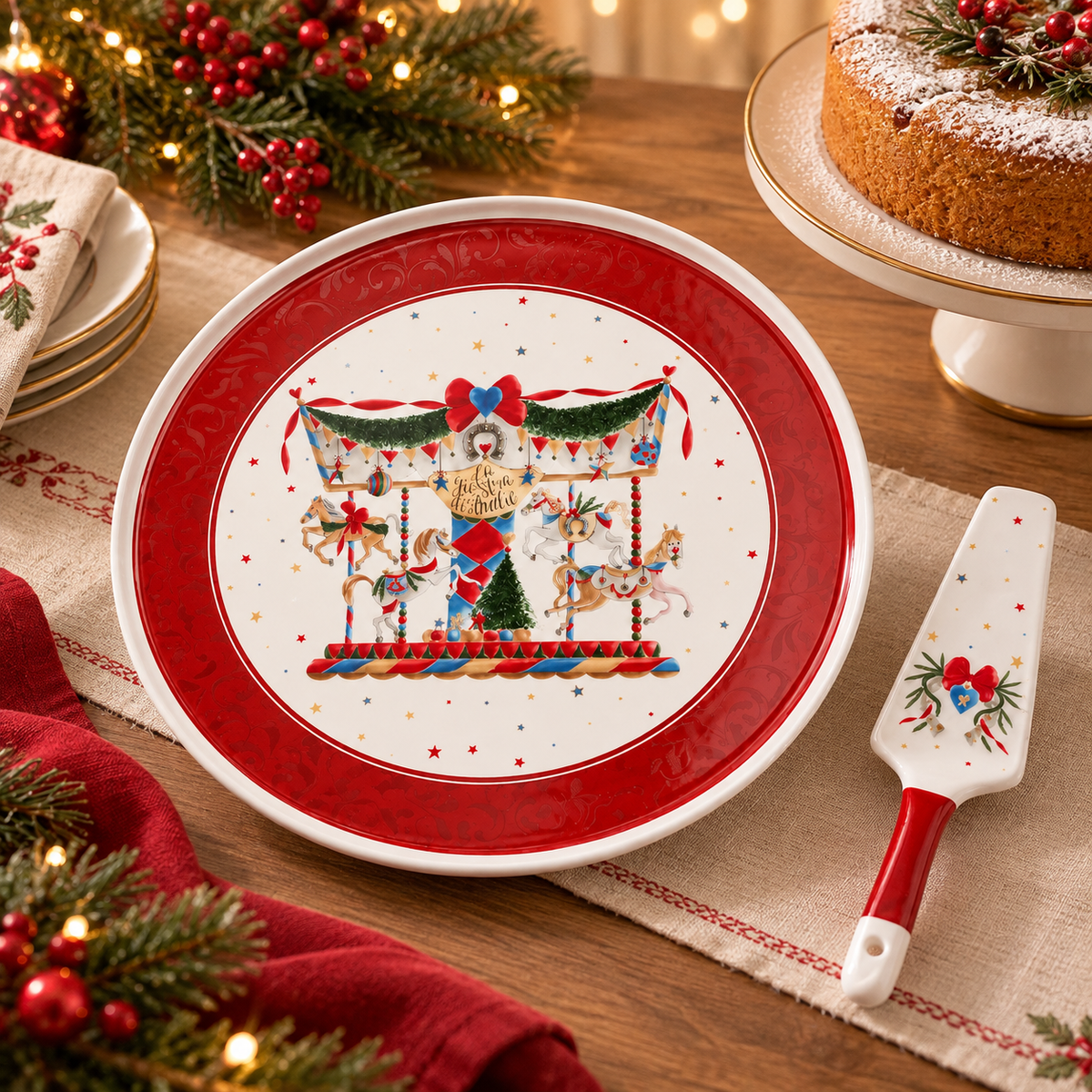 Set Torta Natalizio con Piatto in Ceramica Ø32 cm e Paletta Dolce La Giostra di Amelie – Fantasia Carosello di Natale