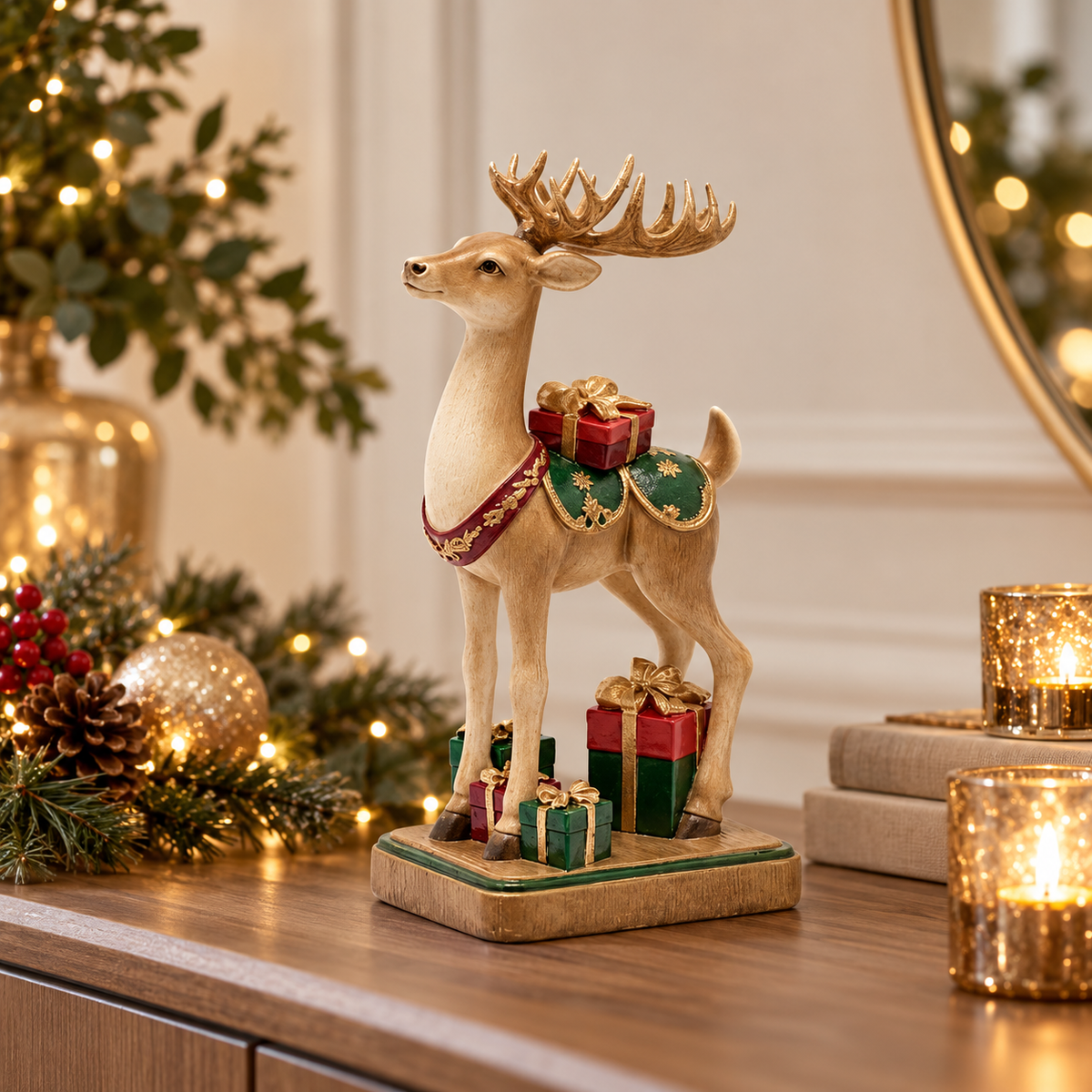Renna Natalizia Decorativa EDG con Pacchi Regalo Verde, Rosso e Oro 27 cm
