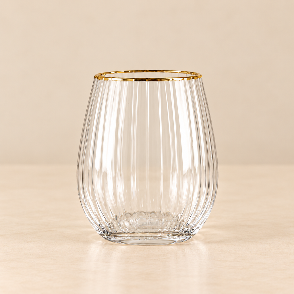 Set 6 Bicchieri in Vetro Trasparente Rigato con Bordo Oro – Ø 9 x H 10 cm