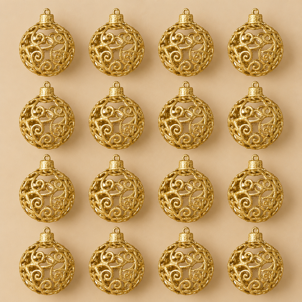 Set 16 Palline di Natale Barocche in PVC Oro Glitterato con Decorazioni Traforate – Ø 6 cm