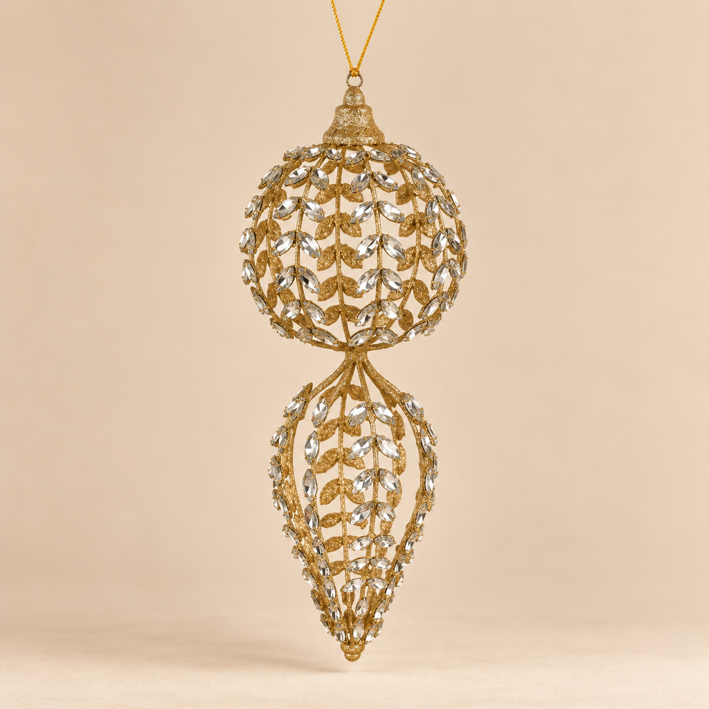 Pendaglio Natalizio Doppia Sfera e Goccia Tracce di Luce in Metallo Oro Glitterato con Cristalli Trasparenti – 13x34 cm