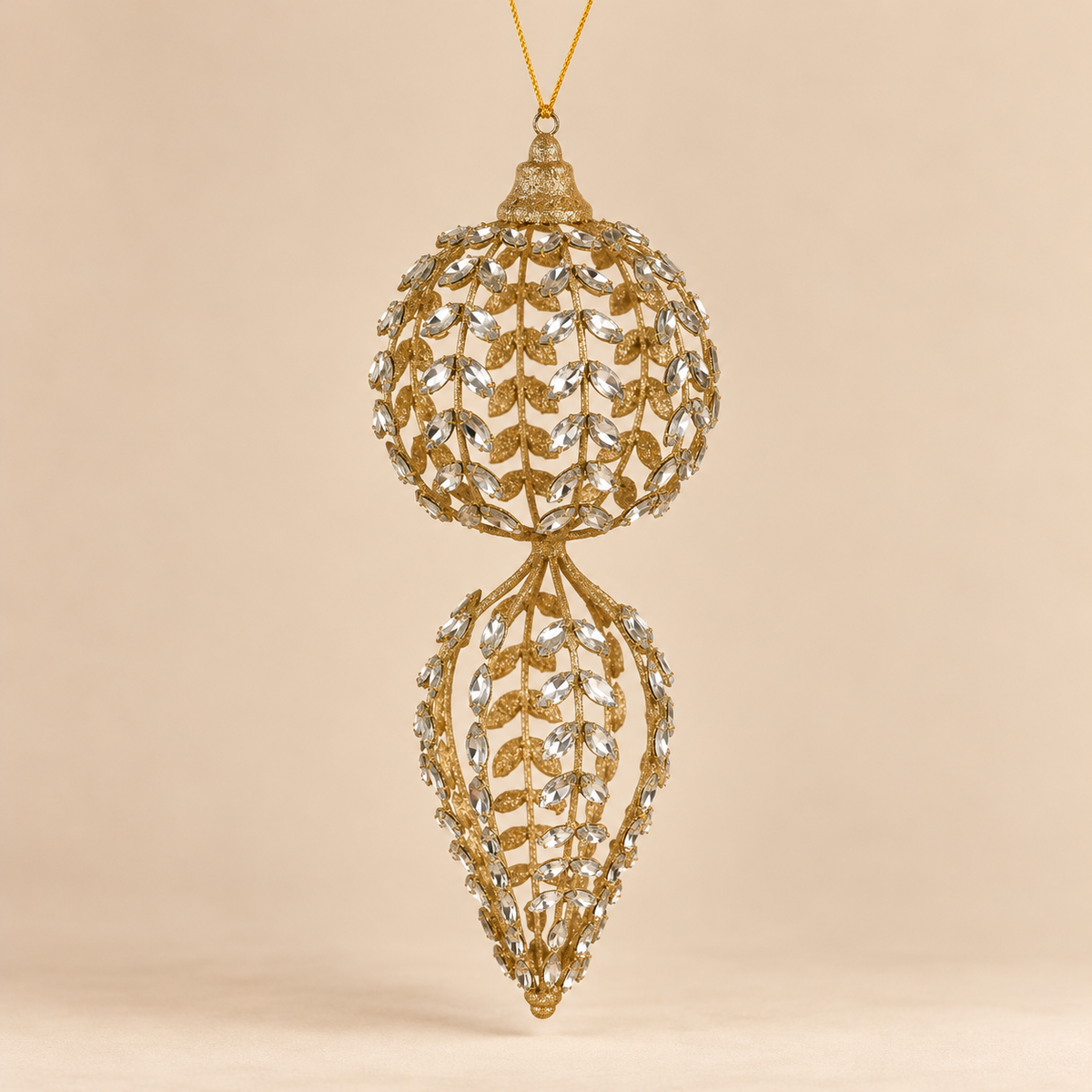 Pendaglio Natalizio Doppia Sfera e Goccia Tracce di Luce in Metallo Oro Glitterato con Cristalli Trasparenti – 13x34 cm
