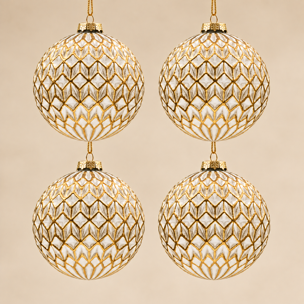 Set 4 Sfere di Natale in Vetro Bianco Perla e Oro con Decoro Geometrico a Rombi – Ø 10 cm