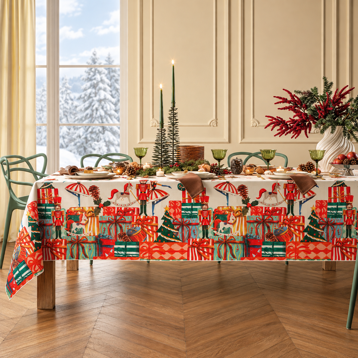 Tovaglia Natalizia Pacchi Regalo Idrorepellente Antimacchia in Poliestere con Orlo Cordino 155x320 cm – Collezione TAVOLA DELLE FESTE