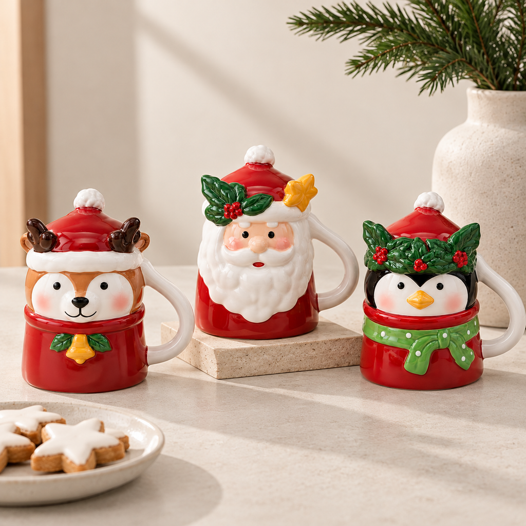 Tazzina Natalizia EDG in Ceramica con Coperchio – Renna, Babbo Natale e Pinguino Ø 6 x H 8 cm
