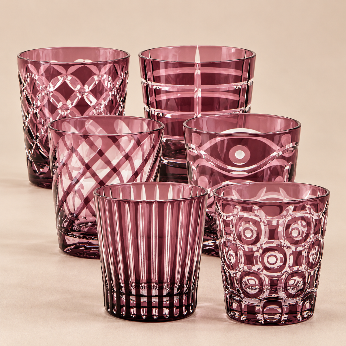 Set 6 Bicchieri Acqua Luxury in Vetro Rosa Malva con Decori Geometrici Assortiti