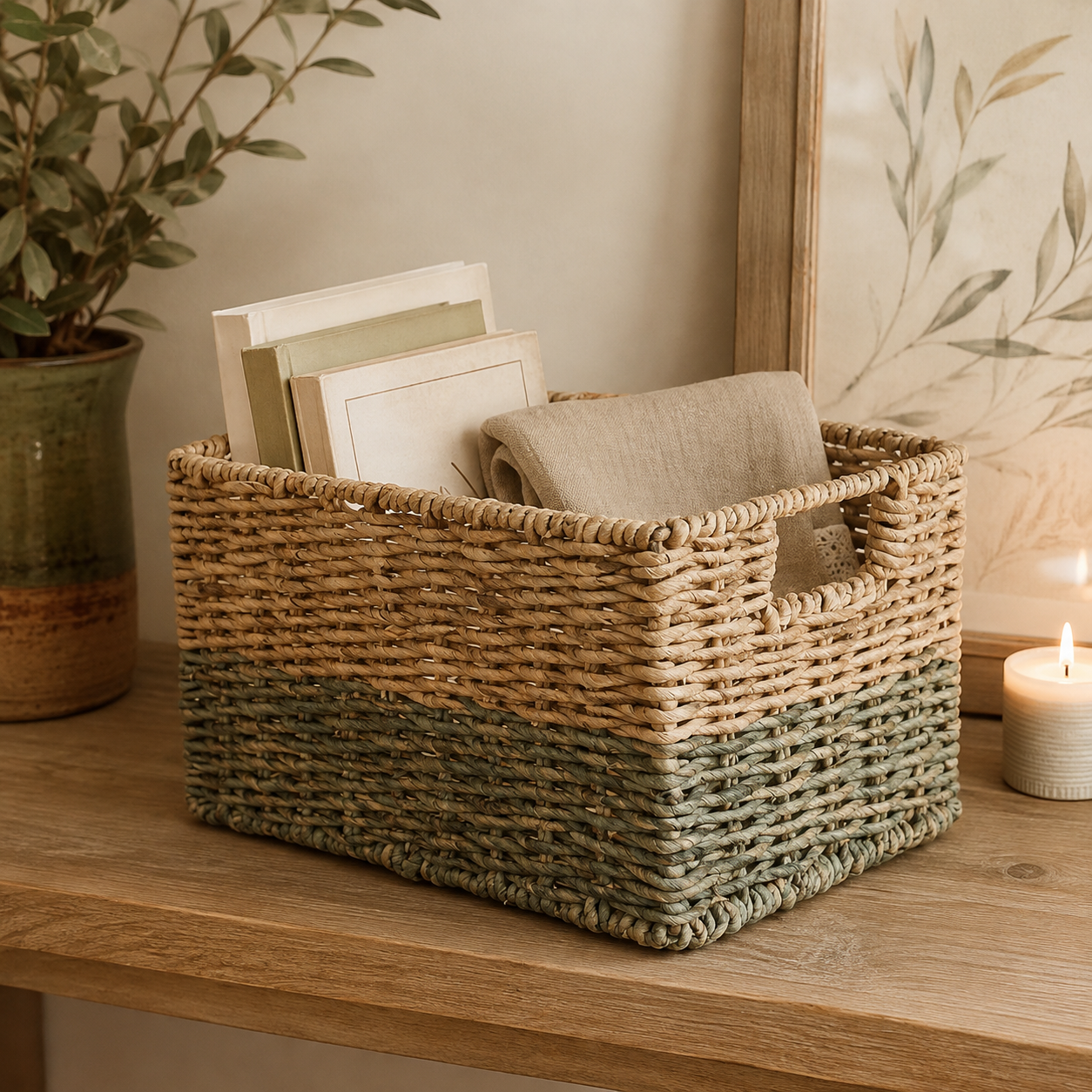 Cestino Intrecciato Bicolore con Manici – 23 x 31 x H 19 cm