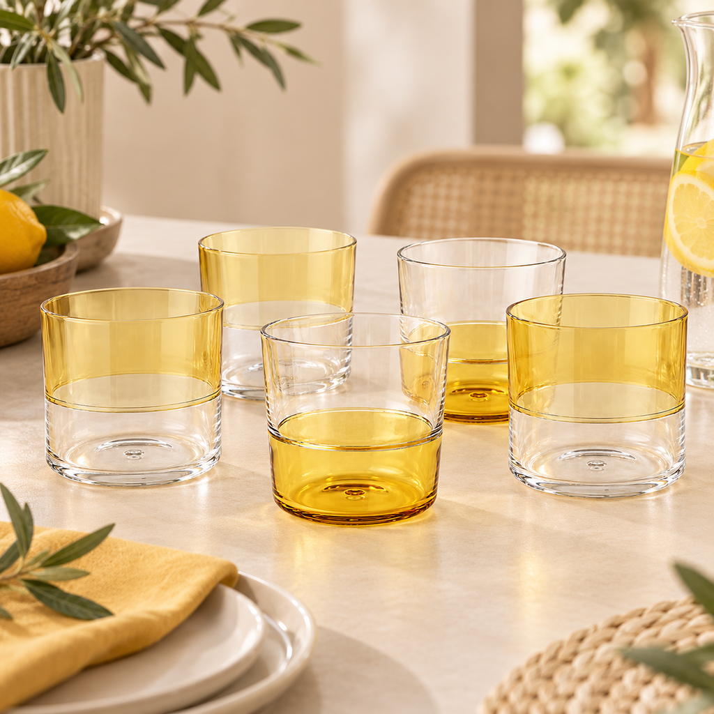 Set 6 Bicchieri Acqua Lounge in Acrilico Trasparente e ambra Chiaro Bicolore