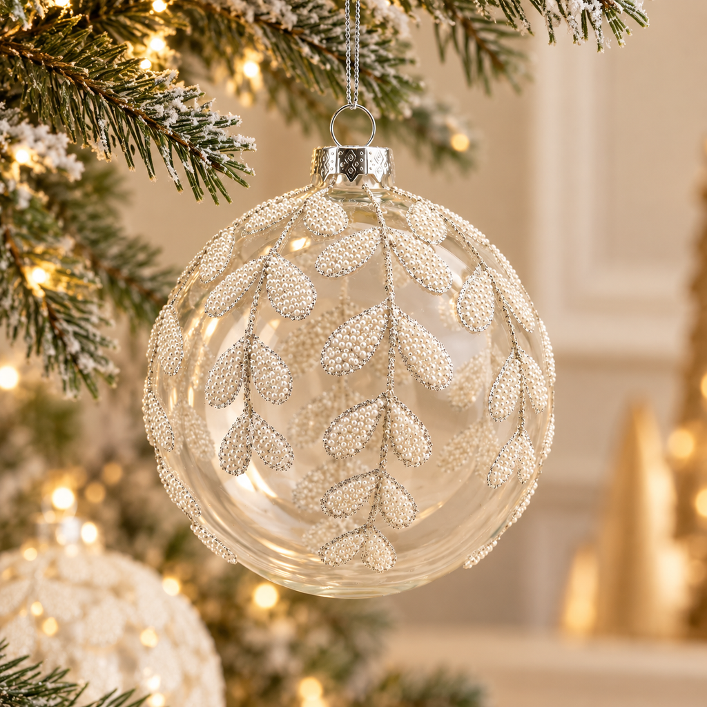 Sfera di Natale n Vetro Trasparente e Bianco con Rami e Foglie Glitterate Effetto Ghiaccio – Ø 10 cm