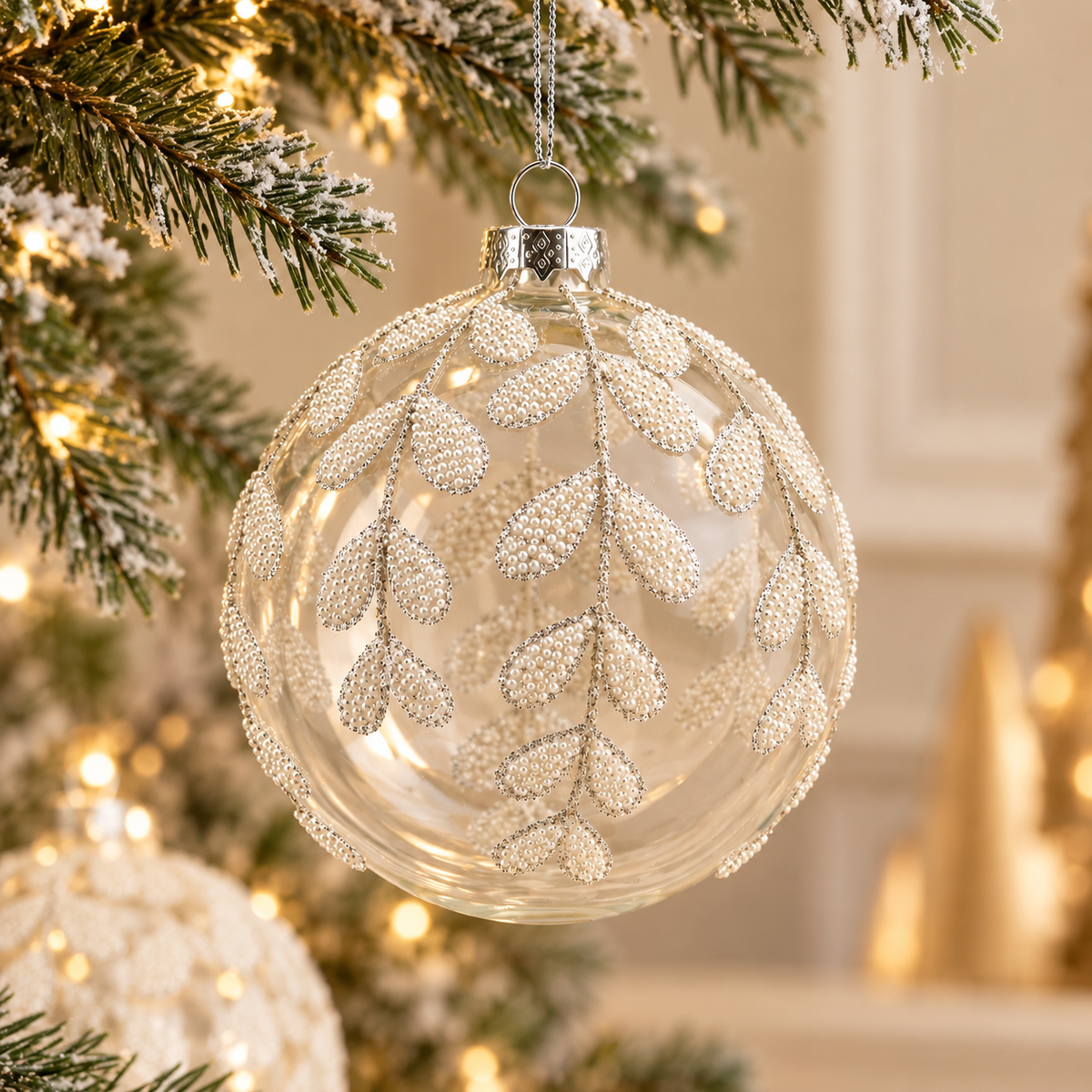 Sfera di Natale n Vetro Trasparente e Bianco con Rami e Foglie Glitterate Effetto Ghiaccio – Ø 10 cm
