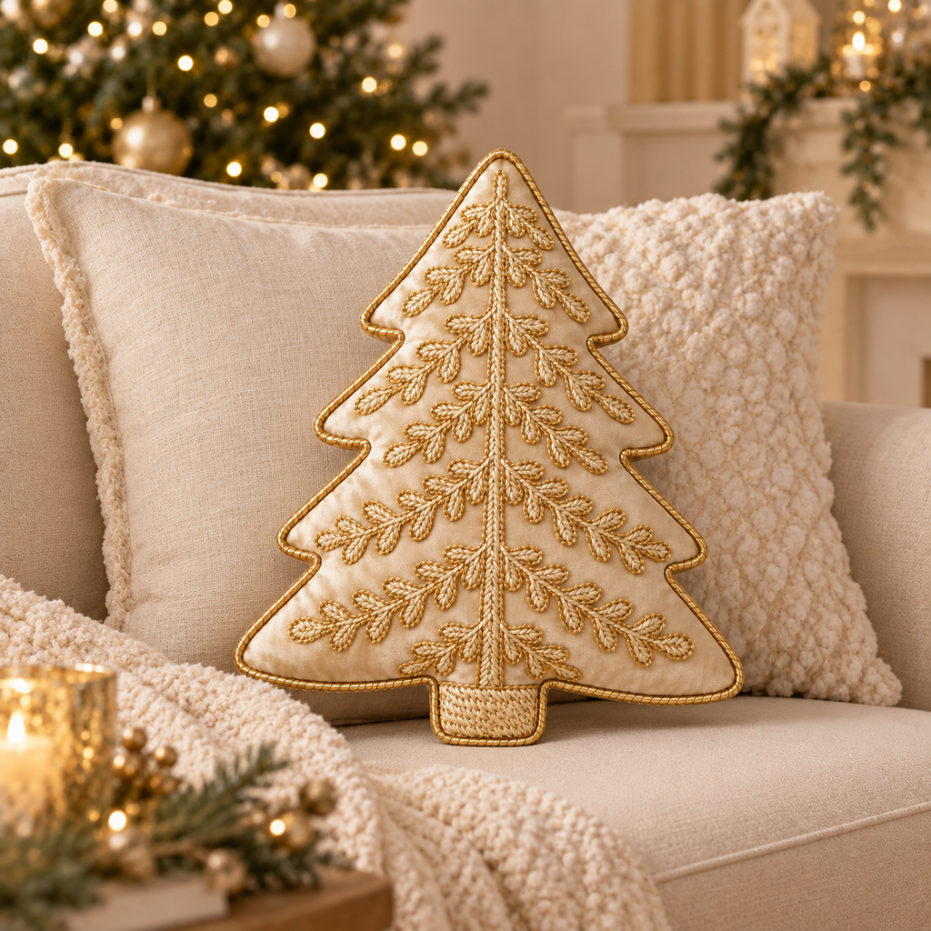 Cuscino Natalizio Sagomato Albero Oro con Applicazioni 32 x 42 cm