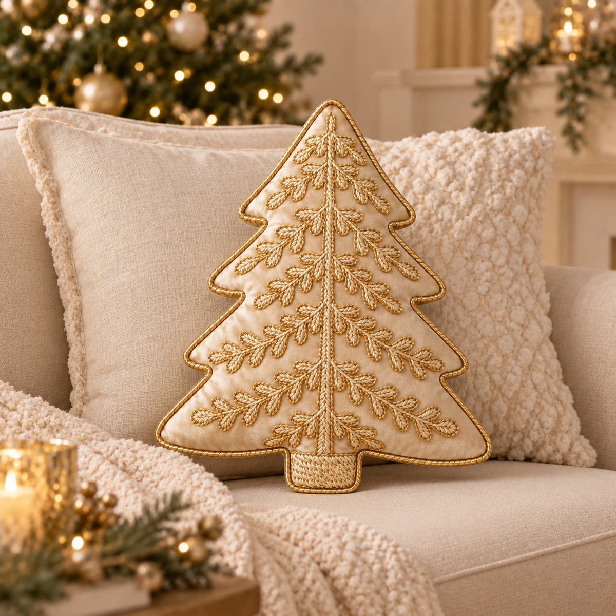 Cuscino Natalizio Sagomato Albero Oro con Applicazioni 32 x 42 cm