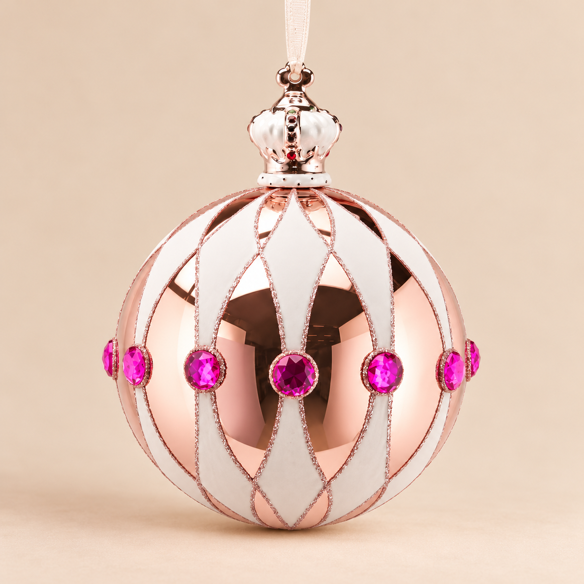 Sfera di Natale EDG in Vetro Rosa Cipria Metallizzato con Corona, Decori Bianchi e Gemme Fucsia – Ø 12 cm