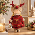 Bambina Natalizia Grande con Cappello Renna, Cappotto Rosso Tartan e Alberello Oro – Collezione Festa nel Bosco 20x12x37 cm
