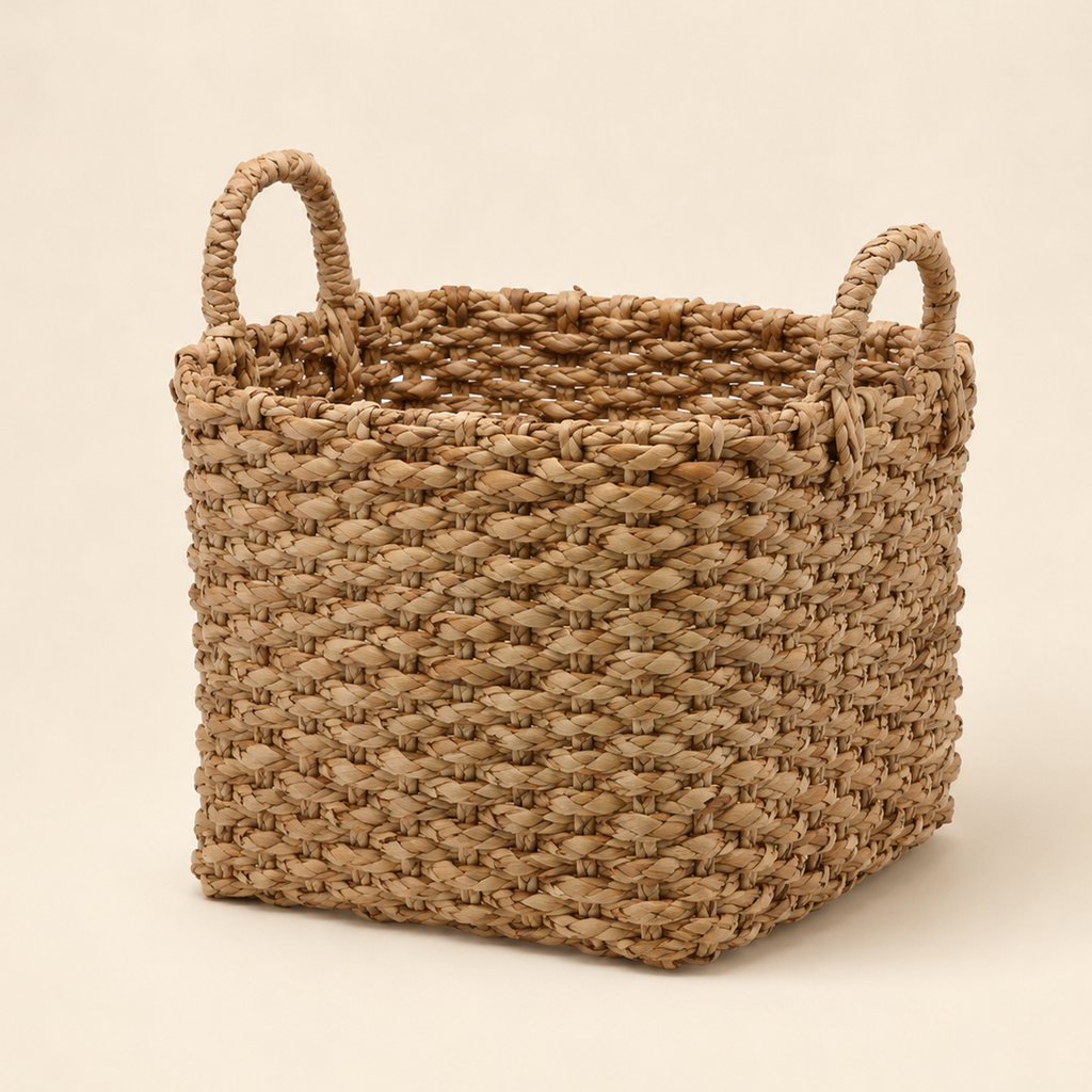 Cesto Quadrato in Giacinto d’Acqua con Manici – 38 x 38 x H 35 cm