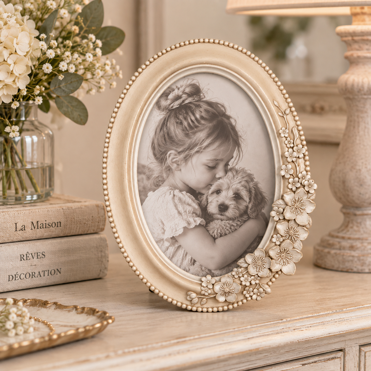 Cornice Portafoto Ovale Beige con Fiori 13 x 18 cm