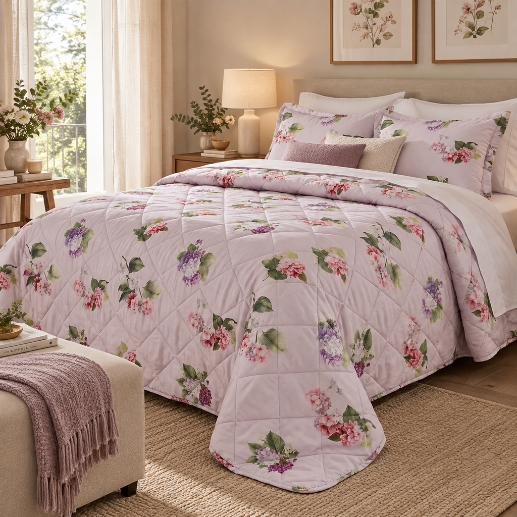 Trapunta Leggera Matrimoniale Bloom Hydrangea in Raso di Puro Cotone 300 T.C. con Ortensie Rosa e Lilla su Fondo Bianco 270 x 270 cm – Tessitura Randi
