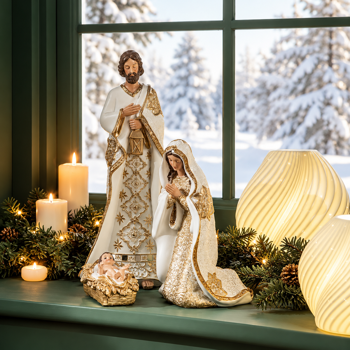 Natività Natalizia Bianca e Oro con Maria, Giuseppe e Gesù Bambino in Resina – Collezione Bianco & Oro H 44 cm