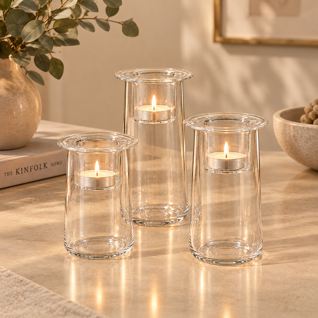 Set 3 Portatealight in Vetro Trasparente con Supporto Interno per Candeline – Ø 6,5 x H 10/12/14 cm