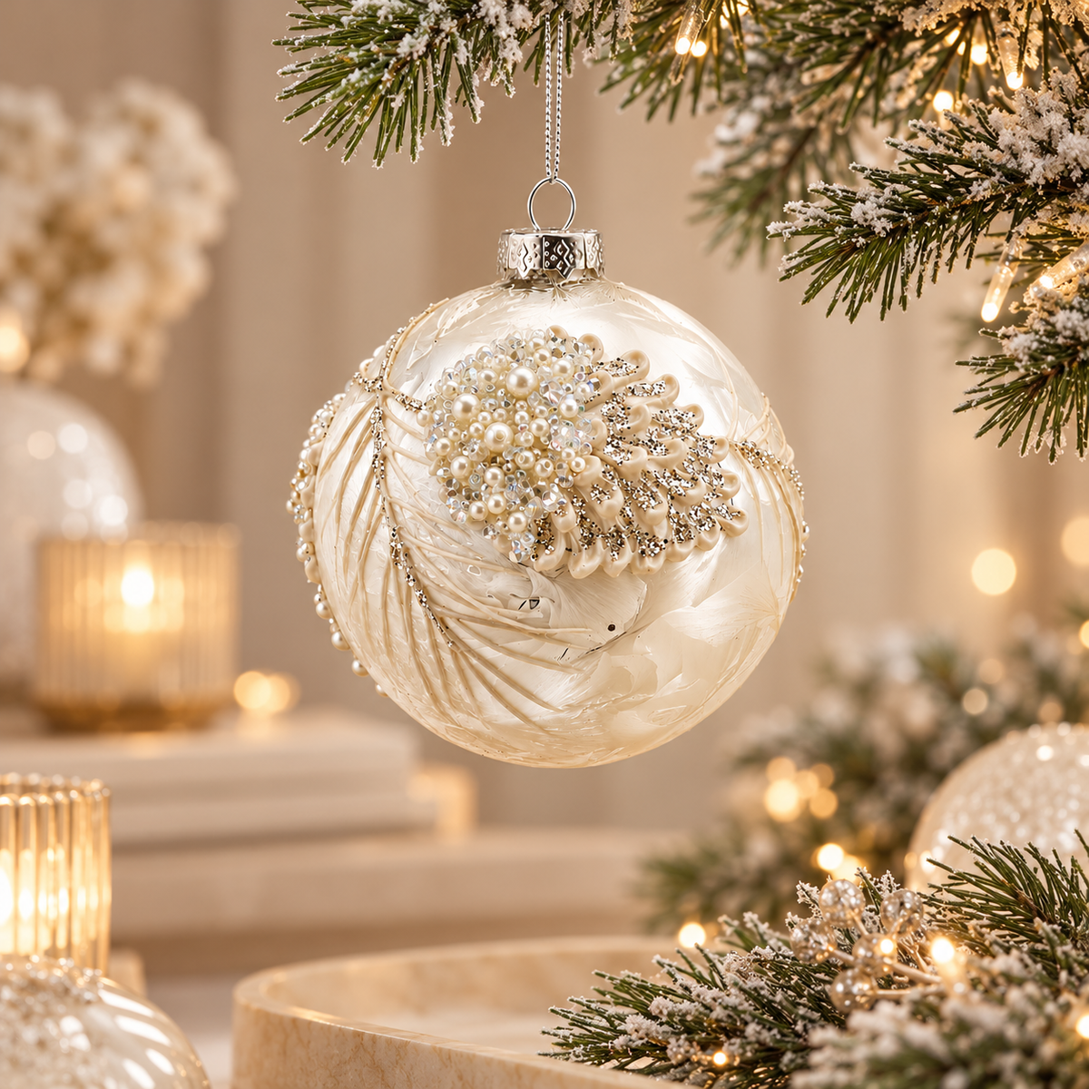 Sfera di Natale in Vetro Bianco Perlato con Decorazioni Floreali, Perline e Glitter Argento – Ø 10 cm