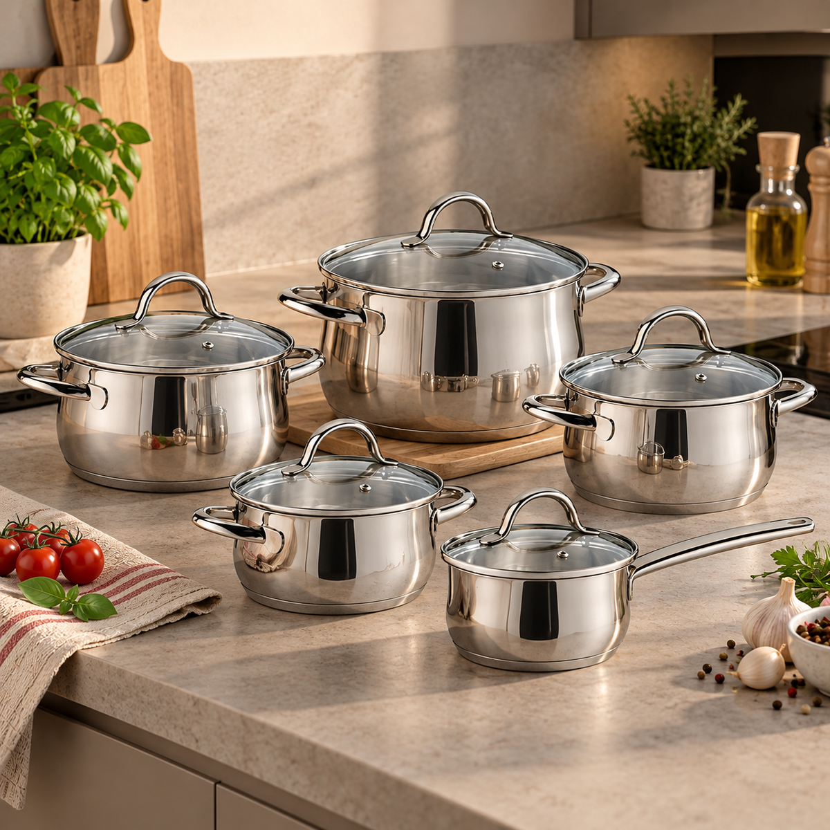 Set Pentole 10 Pezzi in Acciaio Inossidabile con Coperchi in Vetro – Fondo Sandwich Extra Spesso – Adatto a Induzione, Gas, Elettrico e Vetroceramica