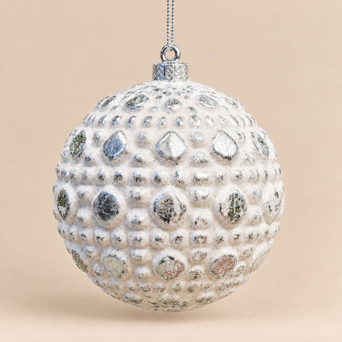 Sfera di Natale Bianco e Argento con Rilievi Glitter Ø 10 cm in PVC