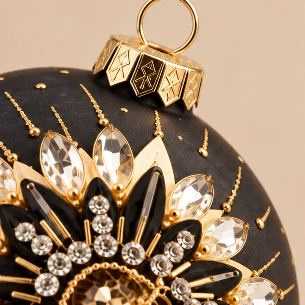 Sfera di Natale Ape Gioiello Nero Oro e Avorio Ø 10 cm in Vetro Fatta a Mano