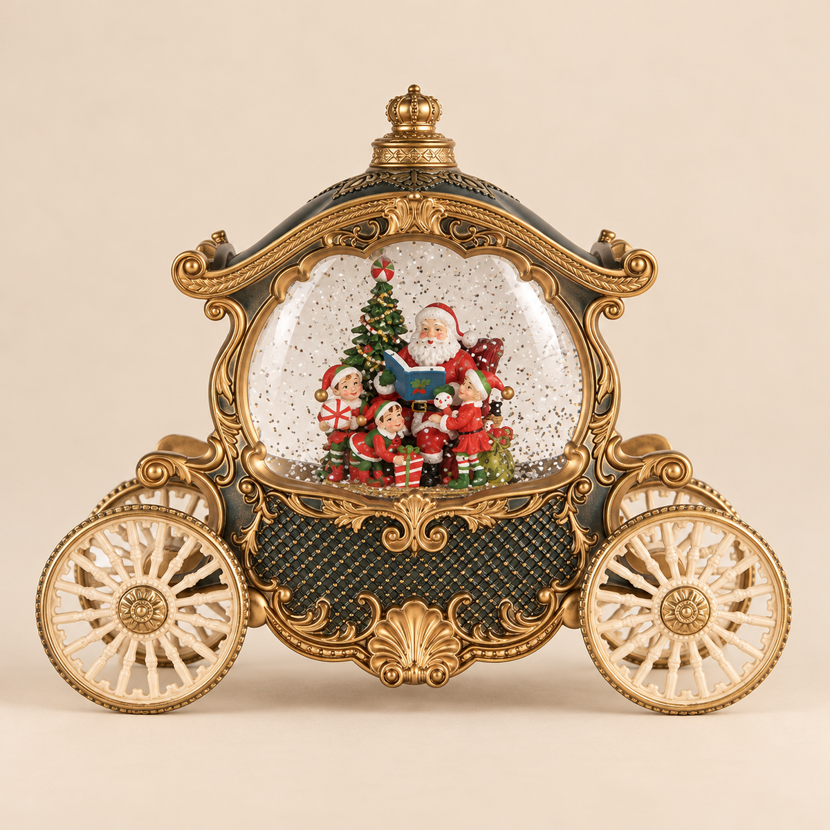 Carillon Natalizio Carrozza con Babbo Natale ed Elfi, Luci LED e Musica 26 x 11 x H20 cm