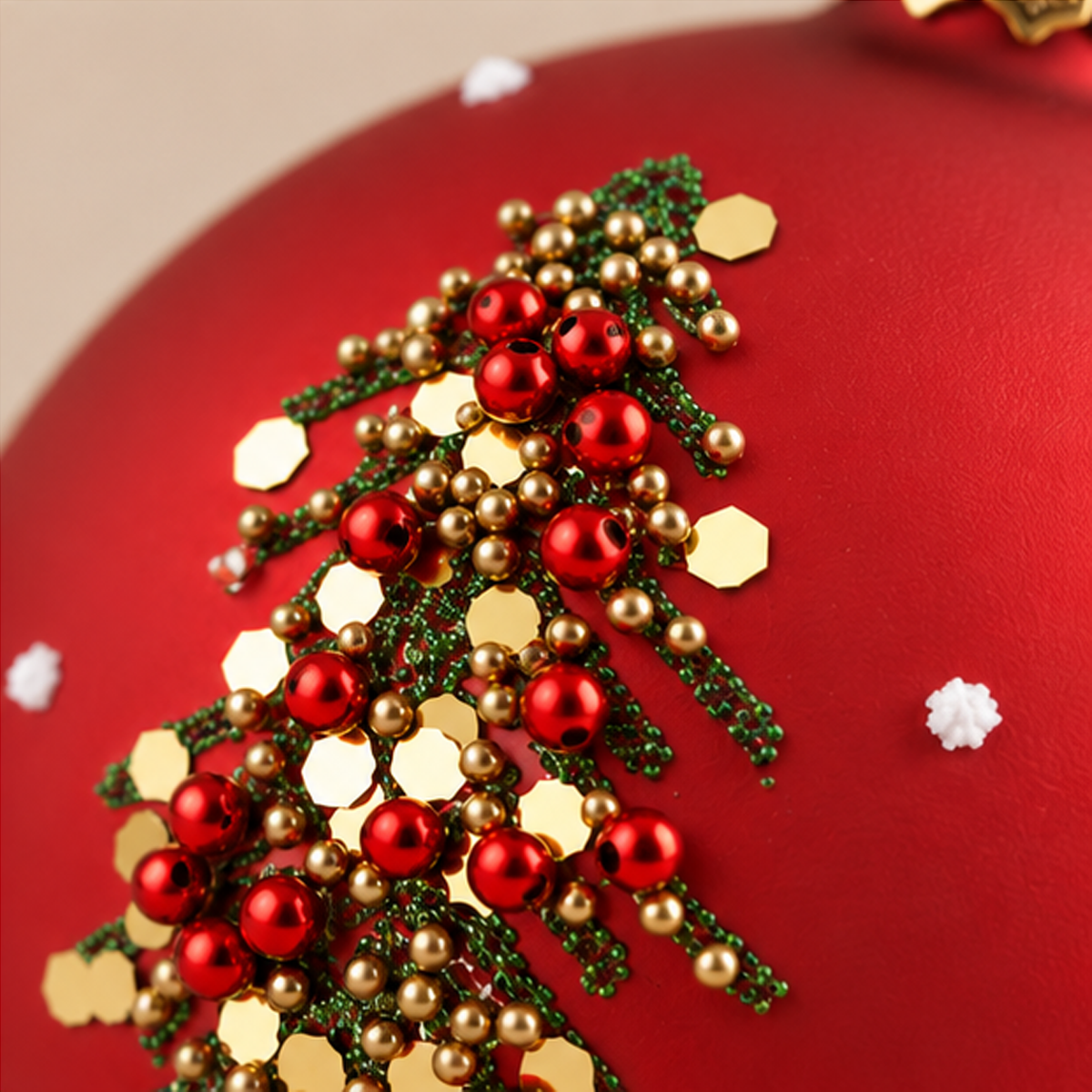 Sfera di Natale in Vetro Rosso Satinato con Rami di Abete, Bacche Rosse e Dettagli Oro – Ø 8,5 cm