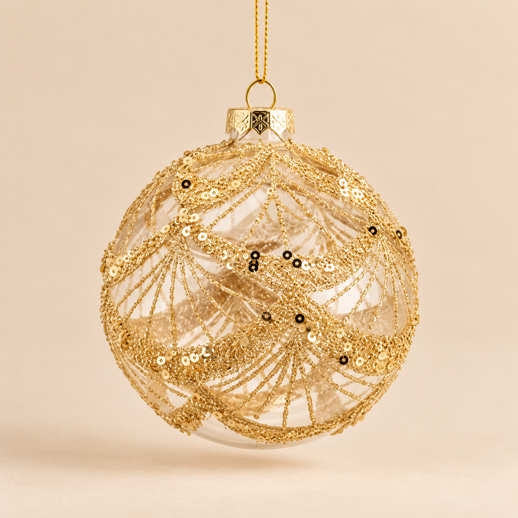 Sfera di Natale in Vetro Trasparente con Festoni Dorati, Glitter e Paillettes – Ø 10 cm