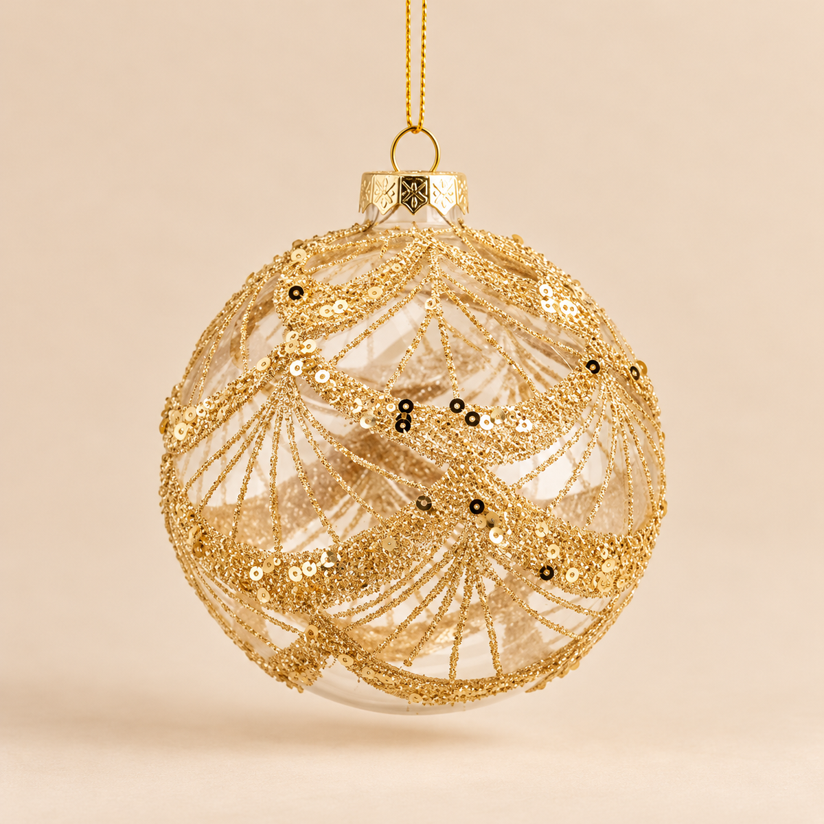 Sfera di Natale in Vetro Trasparente con Festoni Dorati, Glitter e Paillettes – Ø 10 cm