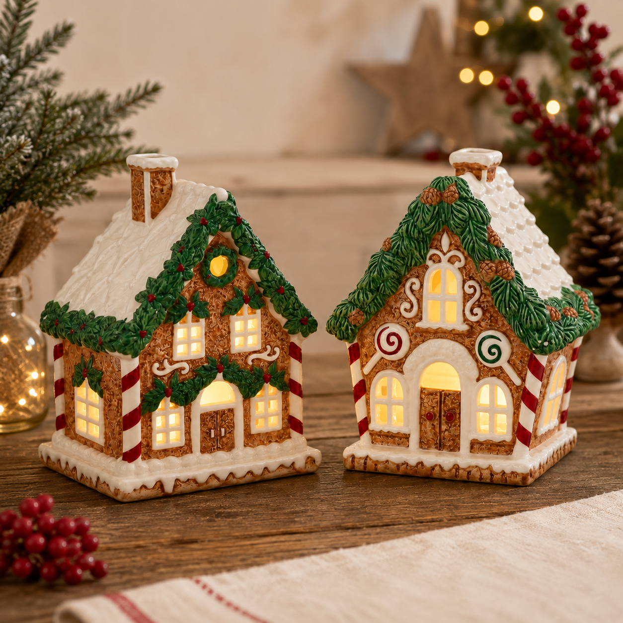 Casa Candy Natalizia con LED in Ceramica – H 23 cm