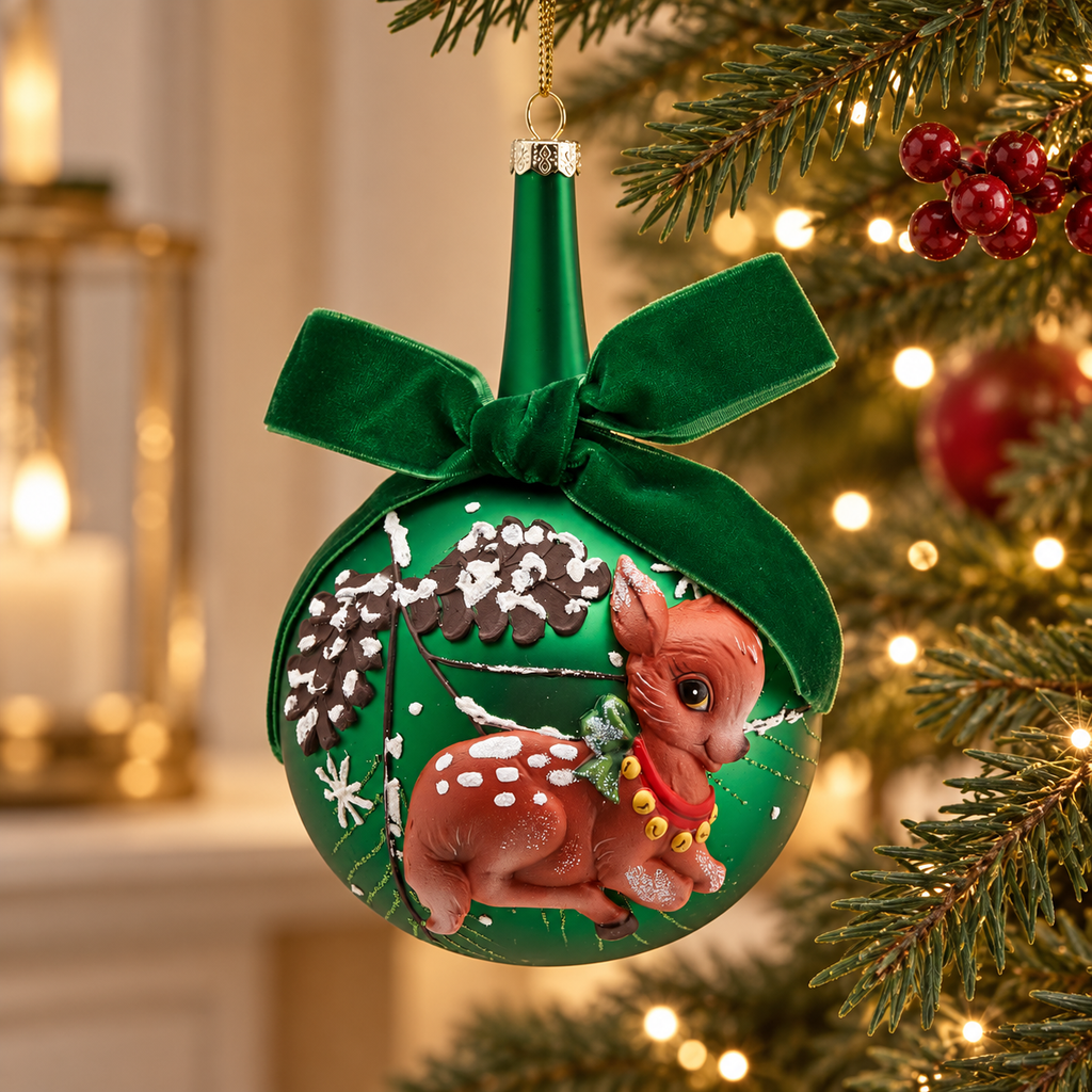 Sfera di Natale EDG in Vetro Verde Smeraldo con Cerbiatto in Rilievo e Fiocco in Velluto – 10 cm