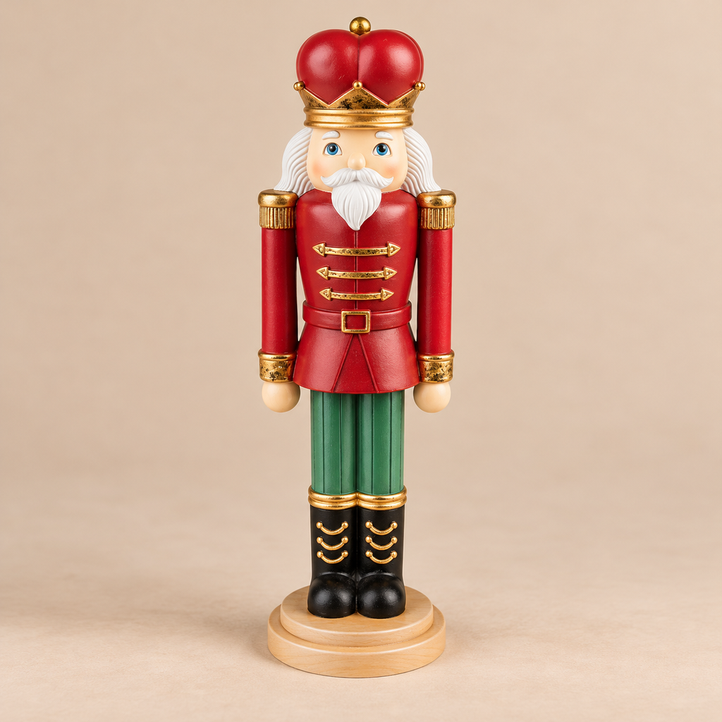 Schiaccianoci Natalizio Decorativo in Poliresina con Corona Rossa e Uniforme Verde e Oro – H 28 cm