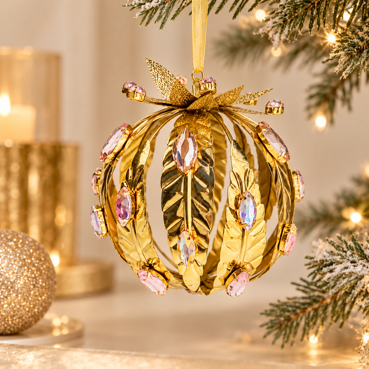 Sfera Natalizia EDG Oro con Foglie Metalliche e Pietre Rosa Sfaccettate Ø10 cm