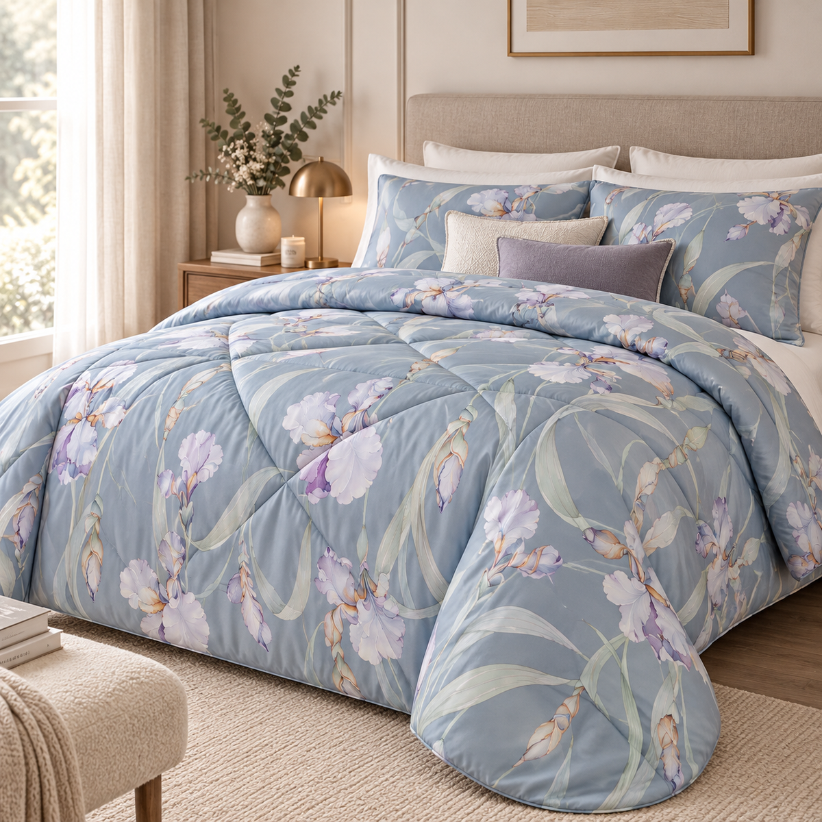 Trapunta Matrimoniale in Raso di Puro Cotone 300 T.C. con Iris Lilla su Fondo Azzurro Polvere 270 x 270 cm – Tessitura Randi