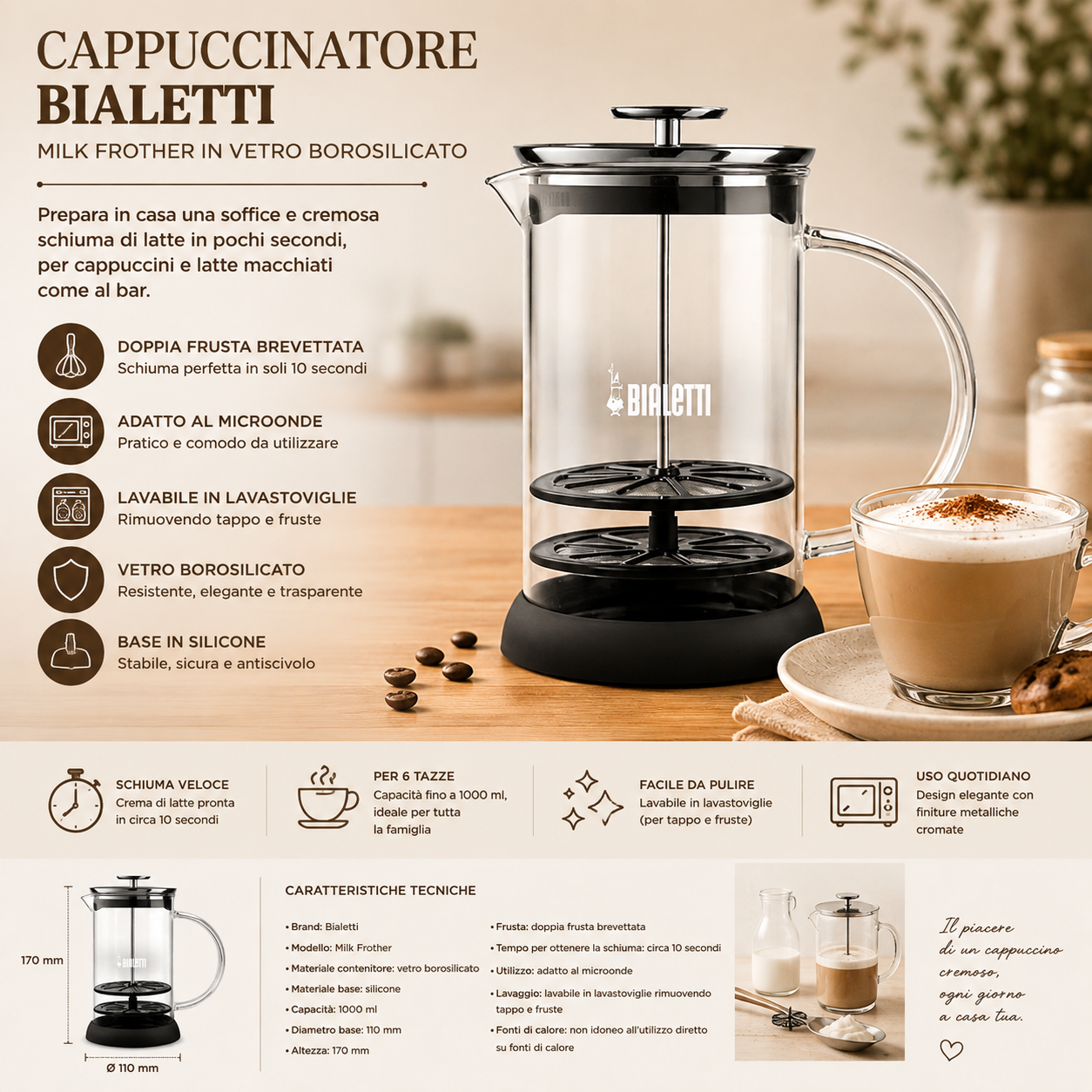 Cappuccinatore Bialetti Milk Frother in Vetro Borosilicato