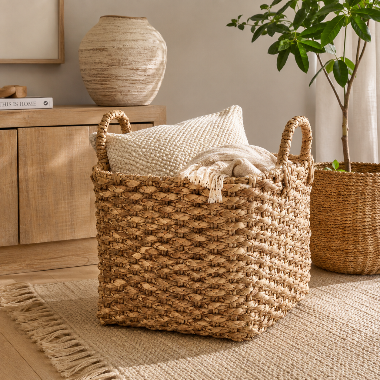 Cesto Quadrato in Giacinto d’Acqua con Manici – 38 x 38 x H 35 cm